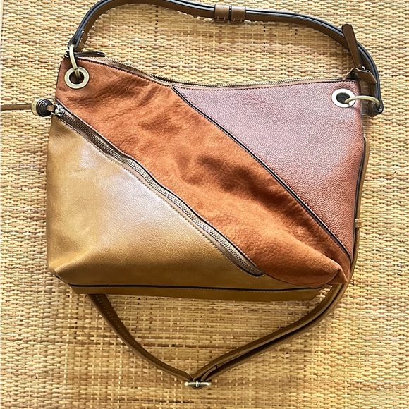 Anthropologie Handbags - Anthropologie Tri-Panel Leather & Suede Shoulder Bag in Brown, Tan, and Rust